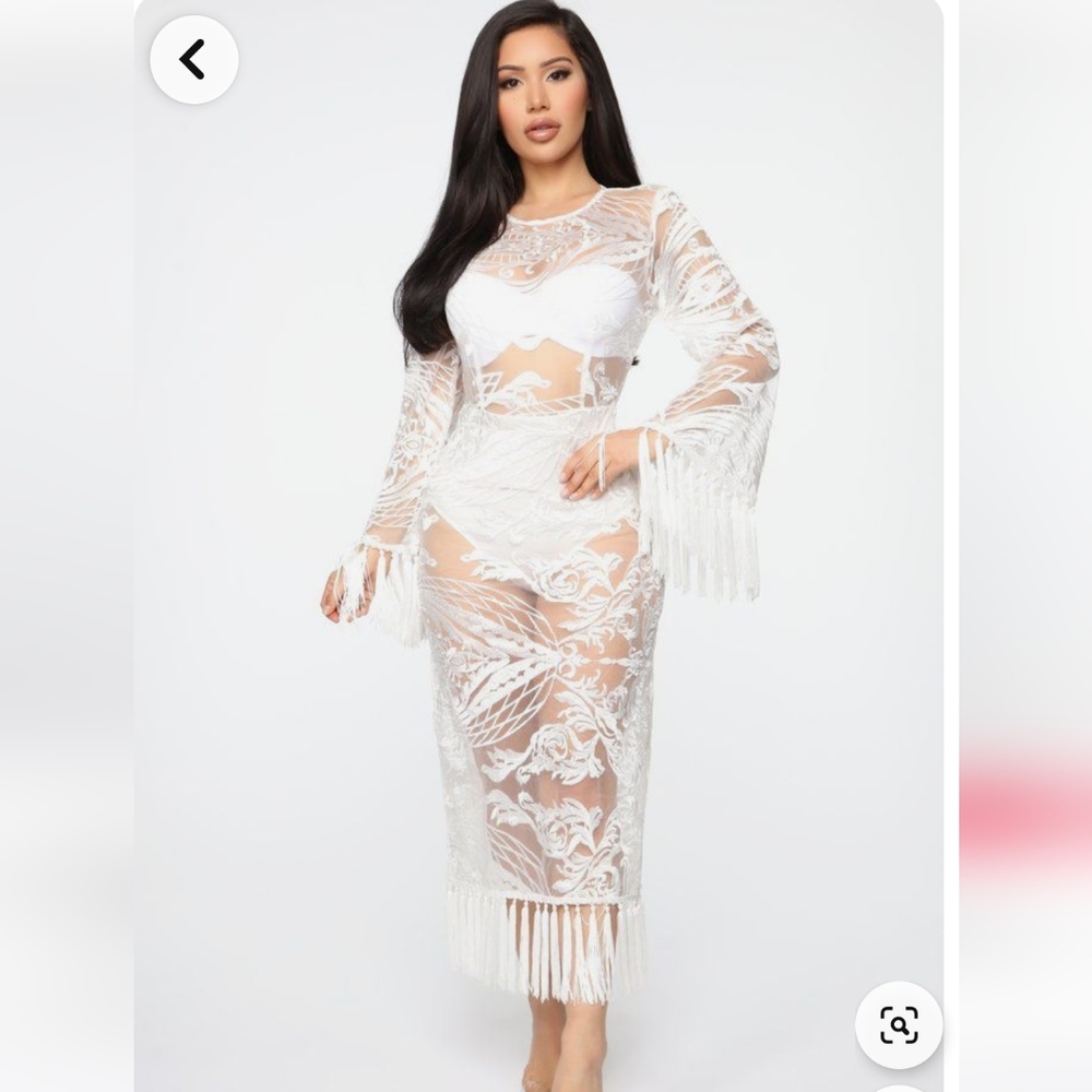 White Lace Sheer Dress with Fringe